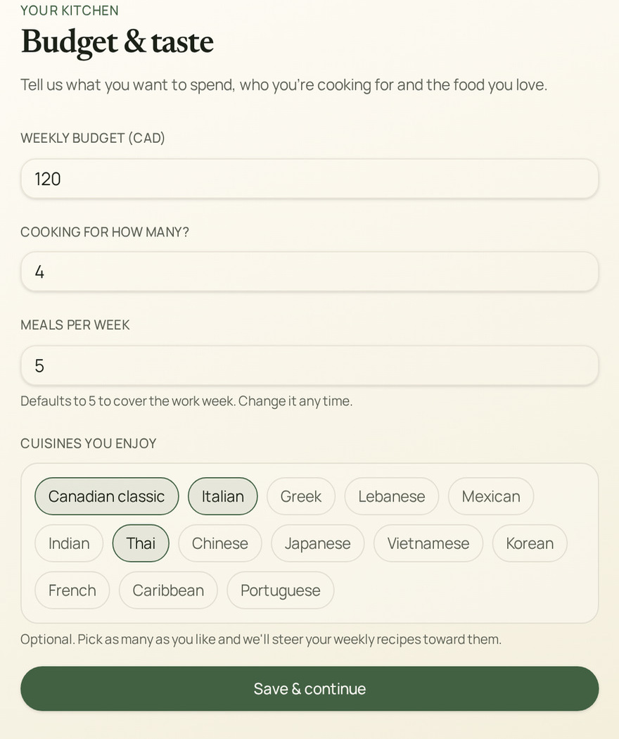 YourPantry budget and taste setup with weekly budget, household size, meals per week and favourite cuisines